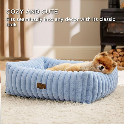 Bedsure ComfyFleece Washable Dog Bed for Medium Dogs - Cute Furry Puppy Beds, Rectangle Orthopedic Corduroy Fleece Pet Beds with Removable Zipper Cover, 25x21x7inches, Blue