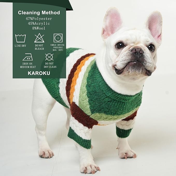 KAROKU Dog Sweater, Classic Turtleneck Knitted Striped Dog Sweaters, Warm Sweater for Winter, Soft Christmas Sweaters for Boy Girl, Dogs Clothes for Small/Medium Cats, Doggys (Green, Large)