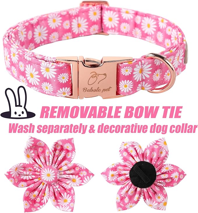 Daisy Dog Collar with Flower Bow Tie, Soft&Comfort Spring Bowtie Dog Collar, Durable Adjustable Cotton Pet Collar for Small Medium Large Dogs