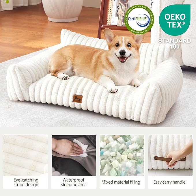 Warmrest Dog Couch for Pets, Cute Small Dog Bed Medium Size Dogs with Cozy Soft Faux Rabbit Fur for Small & Medium Dogs, Supportive Pet Sofa with Removable Washable Cover, Cream, 36"