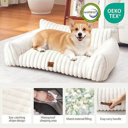 Warmrest Dog Couch for Pets, Cute Small Dog Bed Medium Size Dogs with Cozy Soft Faux Rabbit Fur for Small & Medium Dogs, Supportive Pet Sofa with Removable Washable Cover, Cream, 36"