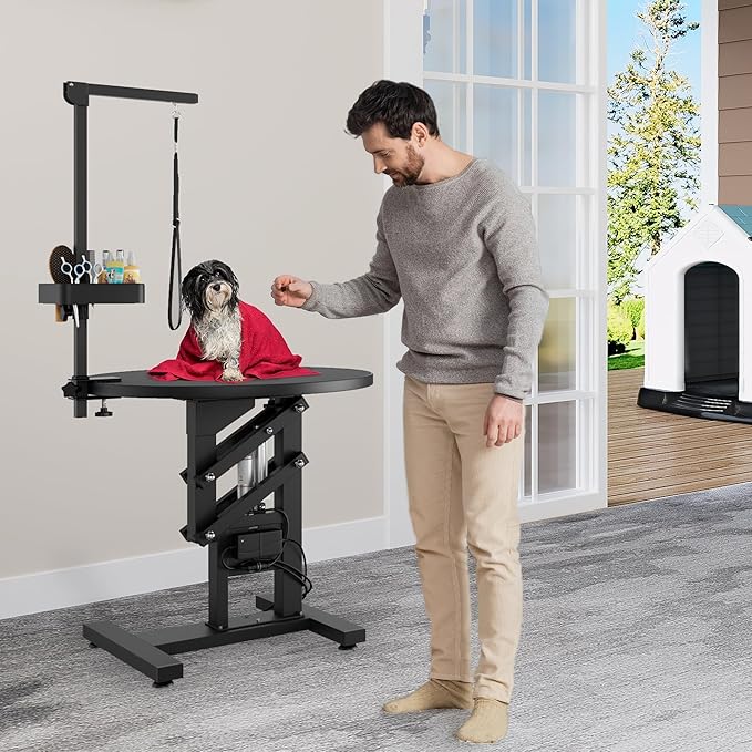 YITAHOME Electric Lift Dog Grooming Table 24" Rotating Desktop Pet Grooming Table for Dogs at Home, Adjustable Overhead Arm & Tool Organizer Dog Grooming Station, Black