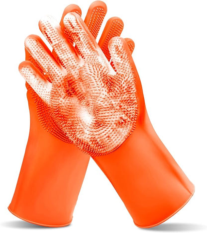 Pet Grooming Gloves—Heat Resistant Dog Washing Gloves with High-Density Teeth, Dog Bath Scrubber with Enhanced Five Finger Design, Silicone Gloves for Dogs and Cats Bathing, Massage (Orange)