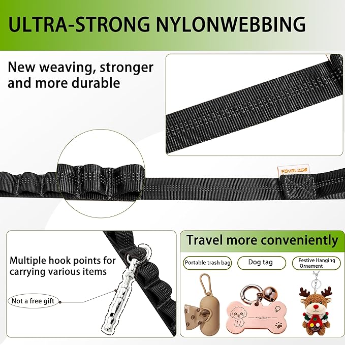 FOVRLZSE Reflective Heavy Duty Bungee Dog Leash - 4FT to 5FT Adjustable Shock Absorbing Leash with Double Padded Handle & 360° No Tangle Metal Clasp for Small Medium Large Dogs (Black)