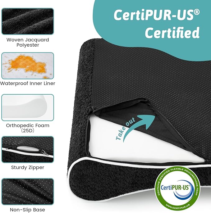 Orthopedic Dog Bed for Large Dogs up to 90 lbs - Removable Washable Cover with Waterproof Lining & Non-Skid Bottom, Cotton-Polyester Blend Boat-Shaped Lounger Mattress, L(45x30x6in), Black