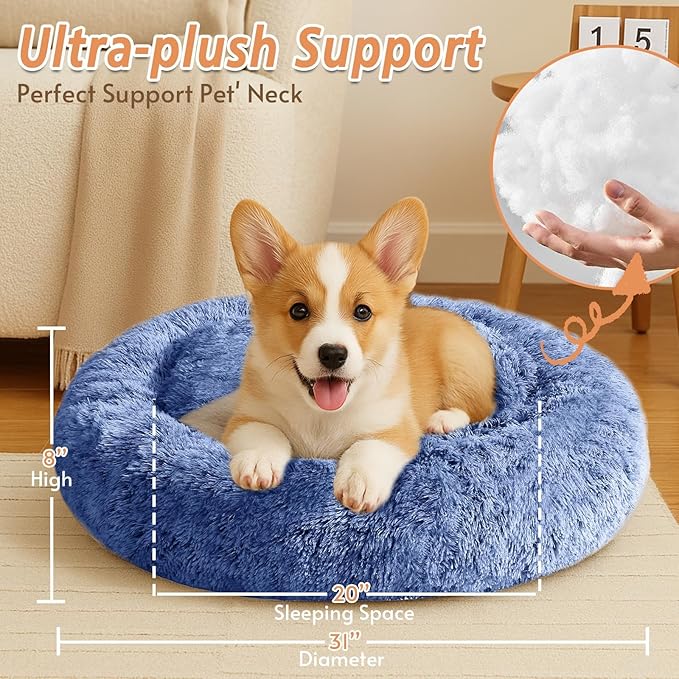 JOLLYVOGUE Calming Dog Bed Medium Size Dog, Anti-Anxiety Donut Medium Pet Bed, 31 inches Fluffy Faux Fur Round Cat Bed, Fits up to 45 lbs Pets (Navy Blue)