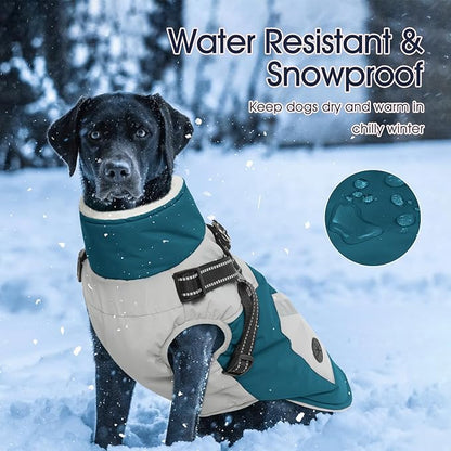IECOii Large Dog Coat with Harness Built in Waterproof Windproof Dog Winter Coat, Fleece Lined Zip Snow Jacket for Dogs Thermal Outdoor Snowsuit Cold Weather Jackets Bulldog, Turquoise Green,L