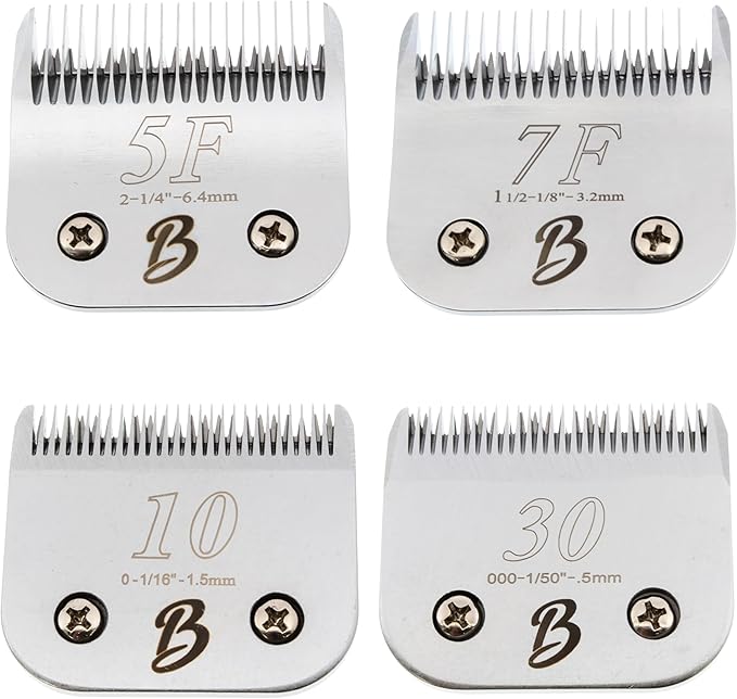 Bucchelli Detachable A Series 4 Pack ((10 or 1.5mm) ;(30 or 0.5mm); (5F or 6.4mm); (7F or 3.2mm)) Clipper Blade Dog Grooming Japanese Carbonized Steel Dog Grooming Blades for Dogs Horses Cats (4Pack)