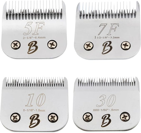 Bucchelli Detachable A Series 4 Pack ((10 or 1.5mm) ;(30 or 0.5mm); (5F or 6.4mm); (7F or 3.2mm)) Clipper Blade Dog Grooming Japanese Carbonized Steel Dog Grooming Blades for Dogs Horses Cats (4Pack)