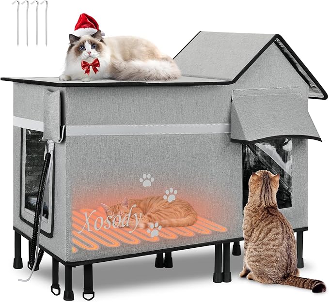 Xosody Heated Cat House for Outside Cats- 100% Weatherproof Insulated Outdoor Cat House with Heating Pad, Elevated Base & Safe Escape Door, Warm Kitty Shelter for Feral or Stray Cats in Winter