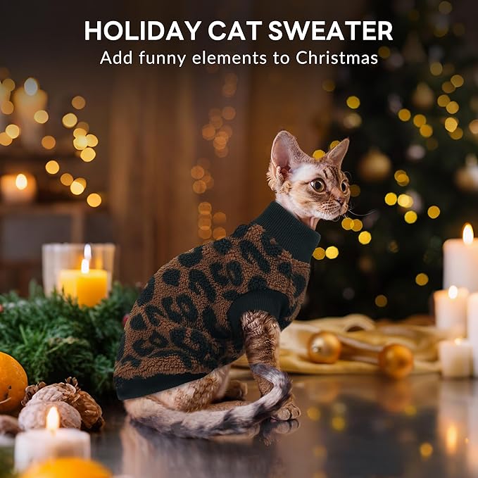 PUMYPOREITY Winter Warm Cat Sweater with Stretch Ribbed Collar & Cuffs, Snug & Secure Fit with Soft Plush Fleece, Easy-On Cat Sweatshirt for Indoor/Outdoor Use,Brown, M