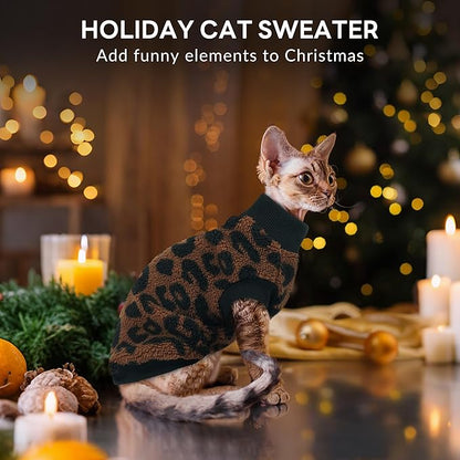 PUMYPOREITY Winter Warm Cat Sweater - Super Soft & Elastic Knit with Plush Fleece, Easy-On Design with Ribbed Neck & Cuffs, Stretchy Cat Outfit for Indoor/Outdoor Use,Brown, L