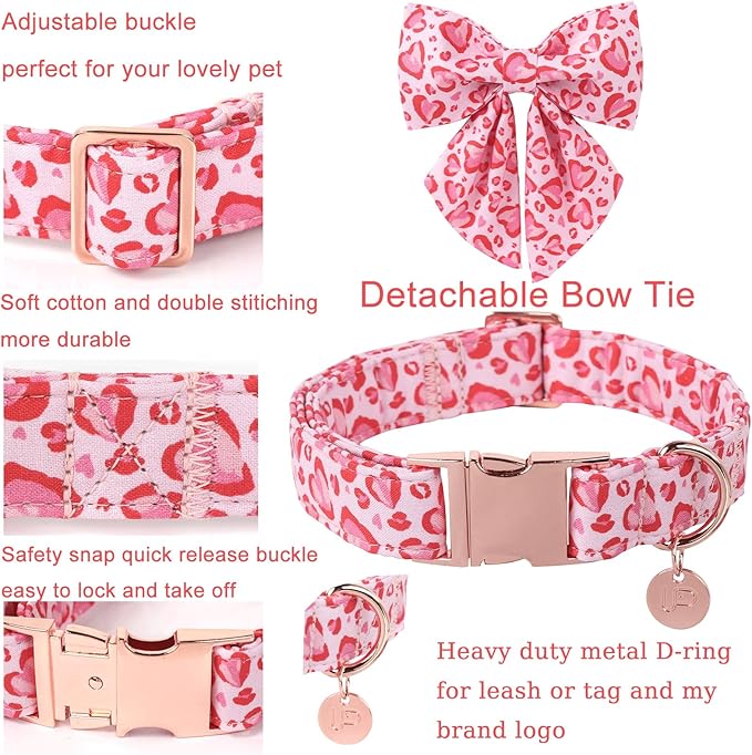UP URARA PUP Valentine’s Day Dog Collar with Bow Tie, Pink Heart Bowtie Collar with Metal Buckle, Valentine’s Day Gift Pet Collar for Puppy Girl Boy Dog or Cat, Wedding Dog Collar, M, Neck 13.5-22in
