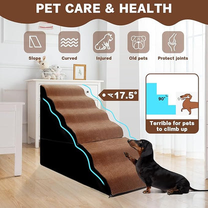 MALOROY Dog Steps for High Beds 30-32" H - 6-Step Dog Stairs for Small Dogs, 33D Foam Pet Steps for High Bed with Non-Slip Bottom and Washable Cover, Dogs Ramp for Bed Indoor, Brown