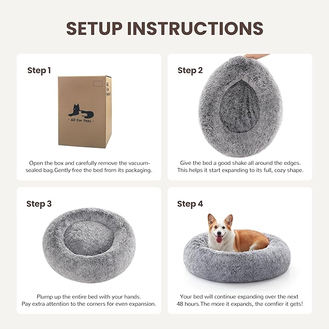 Warmrest Donut Dog Bed Medium Size Dog 30 Inch, Round Cat Beds for Small Medium Dogs and Cats with Washable Fluffy Faux Fur, Cute Comfort Pet Bed with Anti-Slip Bottom, Grey