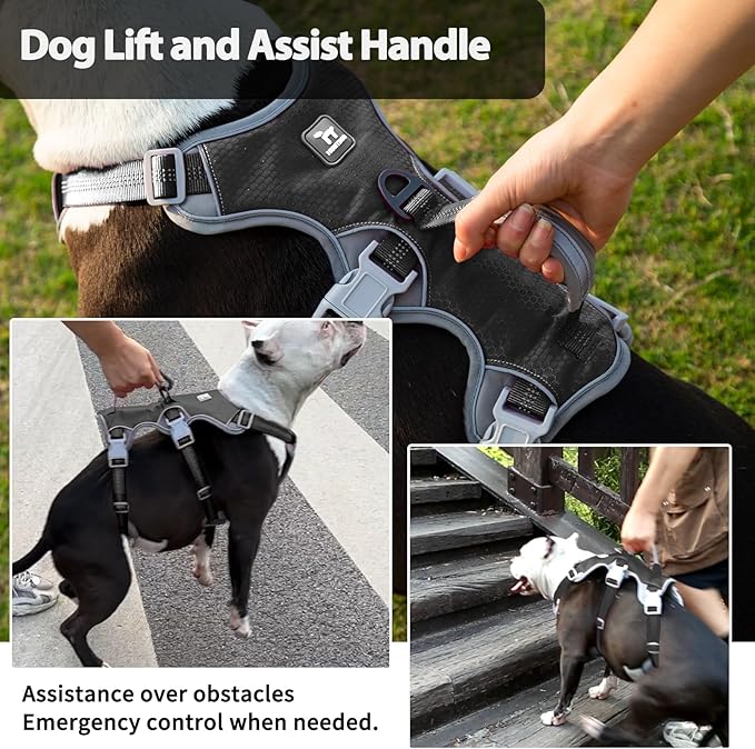 Huntboo Escape Proof Dog Harness, Escape Artist Harness, Reflective Harness with Padded Handle, Breathable, Durable, Adjustable Vest for Medium Dogs Walking, Training, and Running Gear (Black, M)