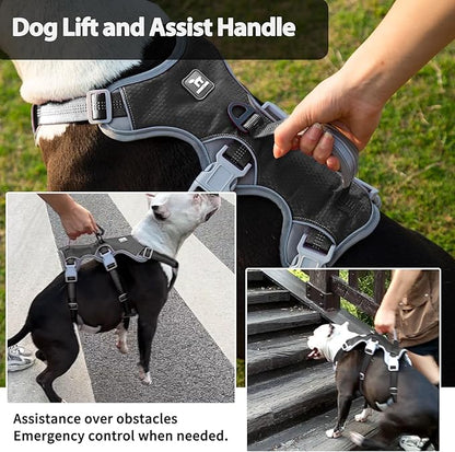 Huntboo Escape Proof Dog Harness, Escape Artist Harness, Reflective Harness with Padded Handle, Breathable, Durable, Adjustable Vest for Medium Dogs Walking, Training, and Running Gear (Black, S)
