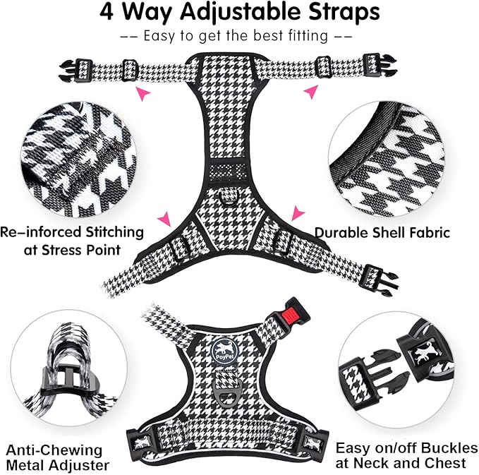 PoyPet No Pull Dog Harness, [Release on Neck] Reflective Adjustable No Choke Pet Vest with Front & Back 2 Leash Attachments, Soft Control Training Handle for Small Medium Large Dogs(Houndstooth,L)