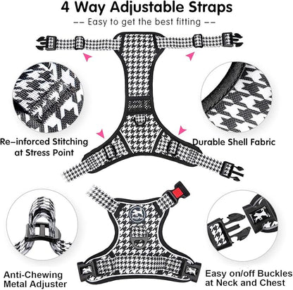 PoyPet No Pull Dog Harness, [Release on Neck] Reflective Adjustable No Choke Pet Vest with Front & Back 2 Leash Attachments, Soft Control Training Handle for Small Medium Large Dogs(Houndstooth,L)
