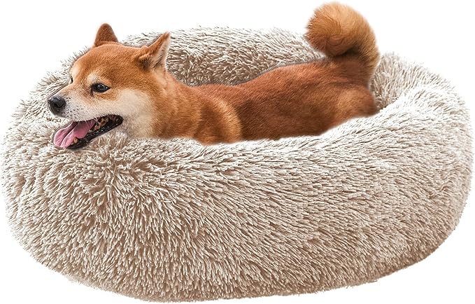 Comfort Donut Dog Bed for Small Dogs, Cat Bed & Pet Bed for Indoor Use, Medium Size with Soft Plush, Round Dog Beds for Large Dogs and Cats (Khaki, 20''Lx20''Wx8''Th)