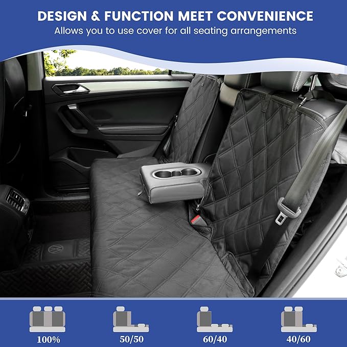 ALLANSING Back Seat Cover for Compact Cars/SUVs Rear Split Bench - 900D Oxford Waterproof Non-Slip Car Seat Protector for Messy Dogs & Kids, Easy Clean(Black)