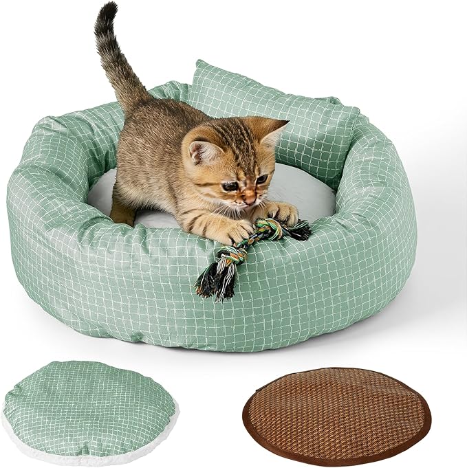 Colewin Small Cat Bed for Indoor Cats Dogs, Washable Round Donut Pet Bed for Puppies Kittens, Cute Rabbit Bunny Beds with Reversible Winter & Summer Cushion for Pets Up to 8lbs (Green)
