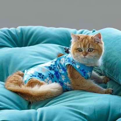 COZYDOODZ Cat Recovery Suit – Soft, Breathable Onesie for Female & Male Pets After Surgery, Spay, Neuter or Wounds, Surgery Outfit, Cone Alternative, Litter Access, Machine Washable, Blue Paw Print