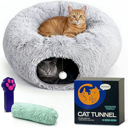 Cat Donut Tunnel Bed - Cat Tunnels for Indoor Cats - XL Plush Circle Hideaway with Cat Toys, 3-in-1 Foldable Playground & Cozy Cave Bed, Gift-Ready House Under Christmas Tree for Ferret, Rabbit, Kitty