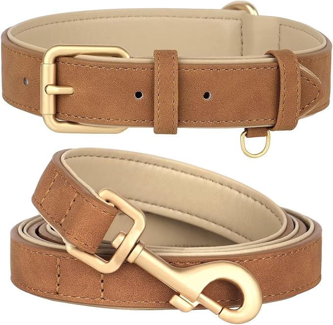 Beirui Soft Padded PU Leather Dog Collar and Leash Set, Durable Dog Leash and Collar Set with Metal Buckle, Breathable Pet Collars with 4FT Leash for Small Dogs(Brown, Neck 10-13")