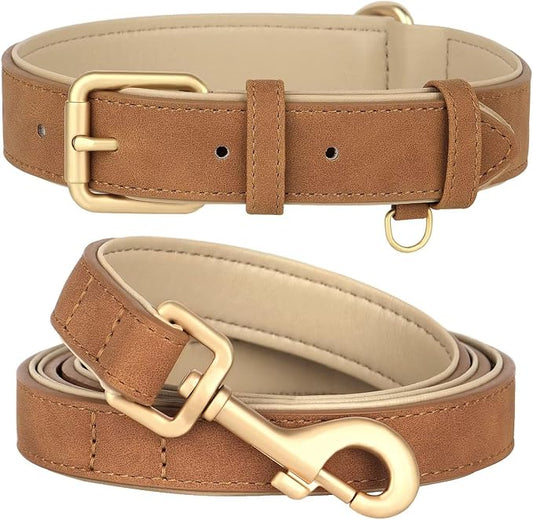 Beirui Soft Padded PU Leather Dog Collar and Leash Set, Durable Dog Leash and Collar Set with Metal Buckle, Breathable Pet Collars with 4FT Leash for Large Dogs(Brown, Neck 16-21")