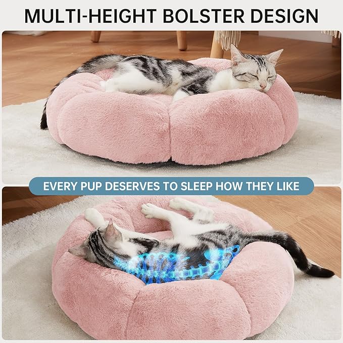 OhGeni 20 inches Calming Donut Dog & Cat Bed for Small Pets, Warming Comfort Fluffy Short Pile Fur, Durable Machine Washable, Cute Round Bed for Puppy and Kitten, Pink