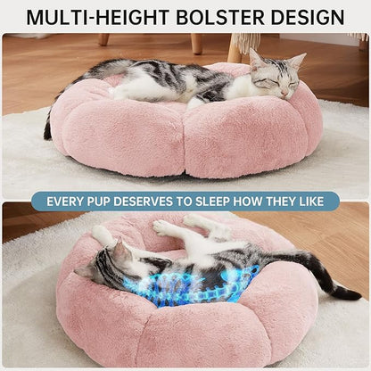 OhGeni 20 inches Calming Donut Dog & Cat Bed for Small Pets, Warming Comfort Fluffy Short Pile Fur, Durable Machine Washable, Cute Round Bed for Puppy and Kitten, Pink