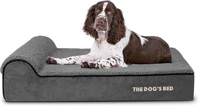 The Dog’s Bed Orthopedic Headrest Dog Bed Large Grey Plush, Memory Foam, Pain Relief for Arthritis, Hip & Elbow Dysplasia, Post Surgery, Lameness, Waterproof Washable Cover, Veterinary Approved