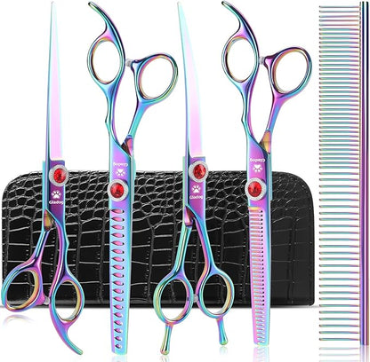 GLADOG Pro Rainbow 7 Inch Professional Pet Grooming Scissors Kit, 6-in-1 Dog Scissors, Titanium Coated, Stainless Steel, Right Handed, 5 Count