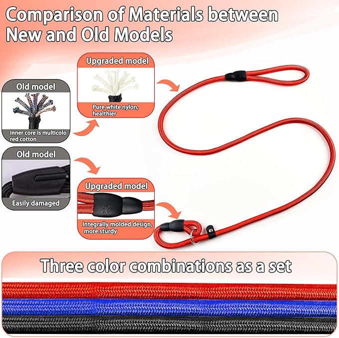 FOVRLZSE Upgraded Dog Slip Lead (3-Pack) – Adjustable Nylon Lead (Red/Black/Blue) for Training Aid, Eco-Friendly Cotton Lining, Integrated Plastic Buckle