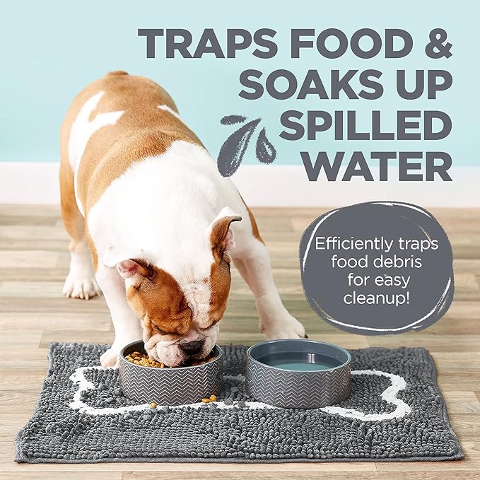 Soggy Doggy Slopmat - Gray/Light Gray Bone - 18” x 24″ - Water Absorbing Door Mat for Muddy Paws and Food/Water Bowls - Microfiber Chenille Small Doormat - Machine Washable