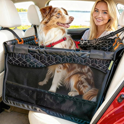 Dog Car Seat for Large Medium Dogs | Waterproof Half Hammock Back Seat Extender for Dogs with Hard Bottom | Alloy Twist-Lock Rods | 3 Mesh Windows | Removable Fleece Mat | Cars, SUVs, Trucks