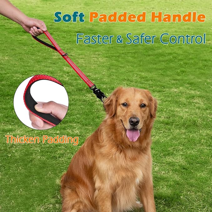 PetBonus Heavy Duty Short Dog Leash, 18 Inch Nylon Traffic Leash with Quick Release Clip, Comfortable Padded Handle, Reflective Training Lead for Medium Large Dogs (Red, 18")