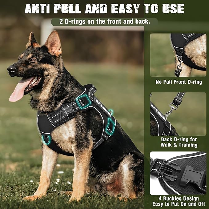 MOOGROU Tactical Dog Harness and Leash Set for Large Dogs,Heavy Duty No Pull Service Dog Vest and 10 Patches with Dog Seat Belt,Reflective Adjustable Pet Harness for Training Walking Hiking Black XL