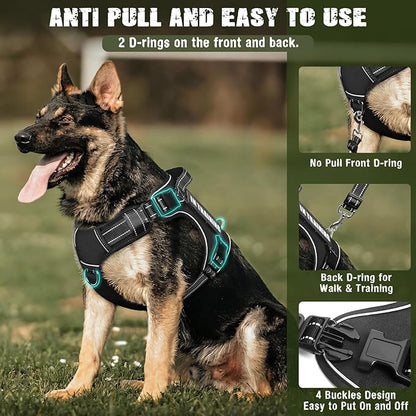 MOOGROU Tactical Dog Harness and Leash Set for Large Dogs,Heavy Duty No Pull Service Dog Vest and 10 Patches with Dog Seat Belt,Reflective Adjustable Pet Harness for Training Walking Hiking Black L