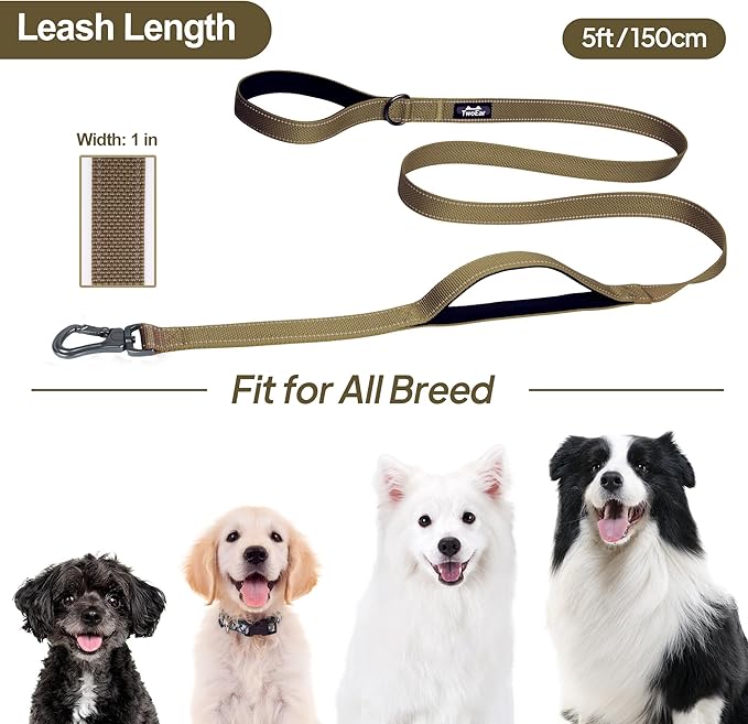 TwoEar 5FT 1IN Strong Brown Dog Leash with 2 Padded Handles, Traffic Handle Extra Control, Comfortable Soft Dual Handle, Auto Lock Hook, Reflective Walking Lead for Small Medium and Large Dogs
