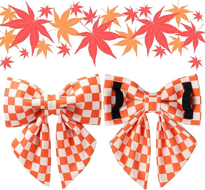 Fall Dog Collar with Bow Tie, Orange Plaid Bowtie Dog Collar, Autumn Bowtie Collars for Puppy Boy Girl Dogs, Comfortable Cotton Dogs Collars with Metal Buckle