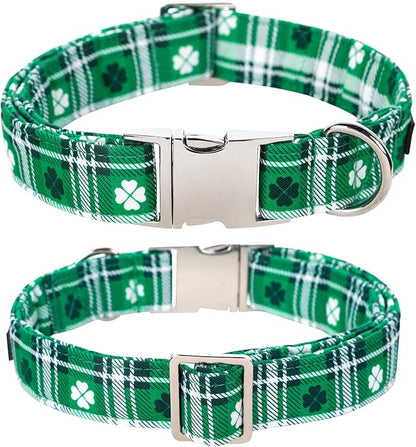 Lionet Paws St Patricks Day Dog Collar with Flower, Irish Green Shamrock Clover Flower Collar with Metal Buckle for Dogs, Adjustable Comfortable Dog Collar Girl, XL, Neck 16-26 in