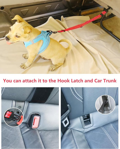 AUBELL Dog Seat Belt for Car,2 Pack Set 3-in-1 Adjustable Reflective Bungee Heavy Duty Dog Car Harness Tether with Clip Hook Latch & Buckle,Swivel Zinc Alloy Carabiner,Black+Red