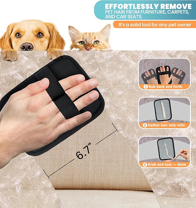 Pet Hair Removal Glove for Cats & Dogs, Electrostatic Fur & Lint Remover for Clothes, Couches, Carpets & Car Seats, Reusable Fur Removal Tool, Upgraded Non‑Slip Pet Hair Remover, 2-Pack
