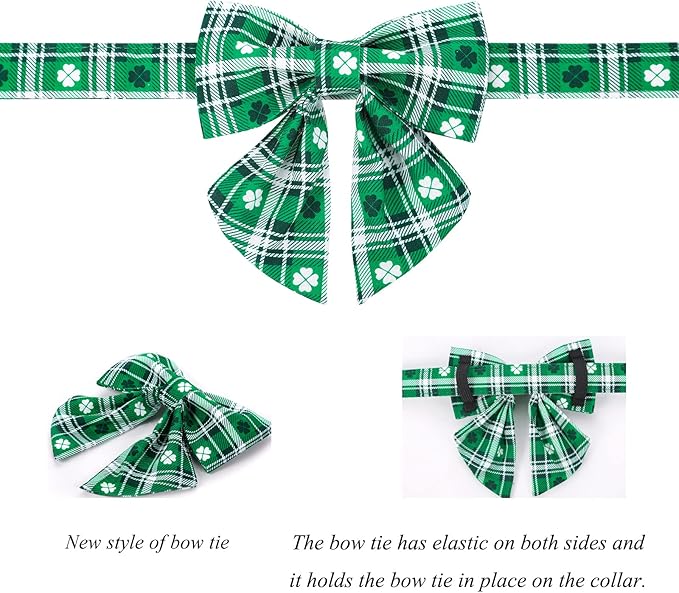 Lionet Paws St Patricks Day Dog Collar with Bowtie, Irish Green Shamrock Clover Sailor Bow Collar with Metal Buckle for Dogs, Adjustable Cute Dog Collar Girl, L, Neck 16-24 in