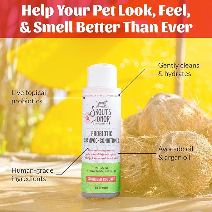 Skout’s Honor Probiotic Natural Dog Shampoo and Conditioner with Avocado Oil & Omega-3s, Gentle Puppy Shampoo, Hydrating Dog Conditioner, 97% Natural, Paraben & Sulfate-Free, Cruelty-Free, 16 oz