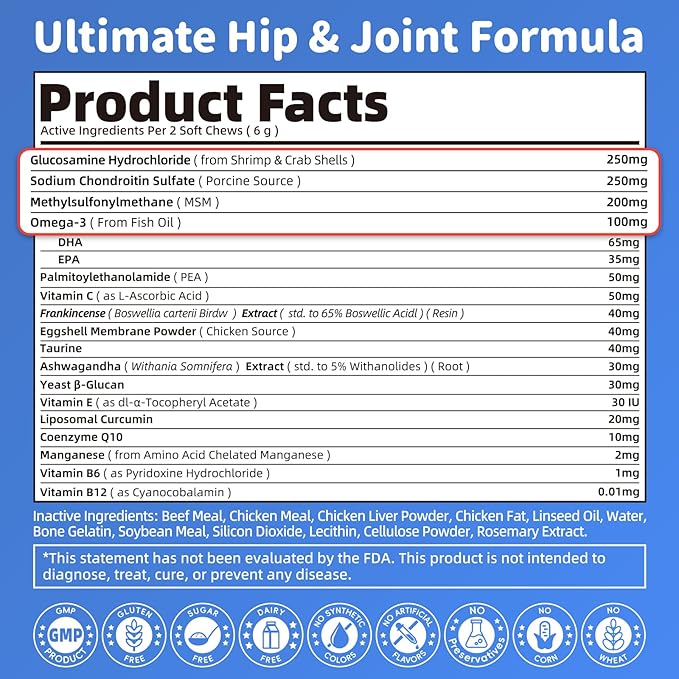 POPPAW Senior Advanced Joint Supplement for Dogs – 17-in-1 Glucosamine for Dogs with Chondroitin – Hip & Joint Pain Relief Pills – Mobility Support Chews – Large & Small Breeds - Beef Flavor – 90Ct