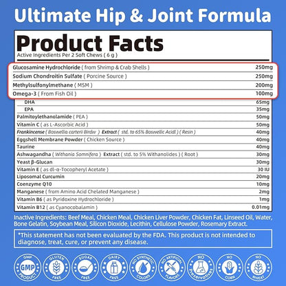 POPPAW Senior Advanced Joint Supplement for Dogs – 17-in-1 Glucosamine for Dogs with Chondroitin – Hip & Joint Pain Relief Pills – Mobility Support Chews – Large & Small Breeds - Beef Flavor – 90Ct