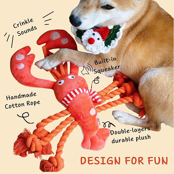 Pawfoo Lab Squeaky Dog Toys, Rope Tug of War Dog Toys, Interactive Lobster Plush Chew Toys, Dog Gifts for Puppy, Small Medium Large Dogs
